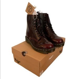 Dr. Martens Vegan 1460 boots: Cherry-red synthetic material. Women’s size 8